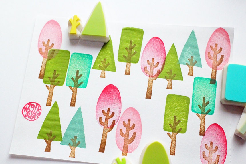 Tree Rubber Stamp Set | Hand Carved Stamps | Nature Inspired Design | Style No.2