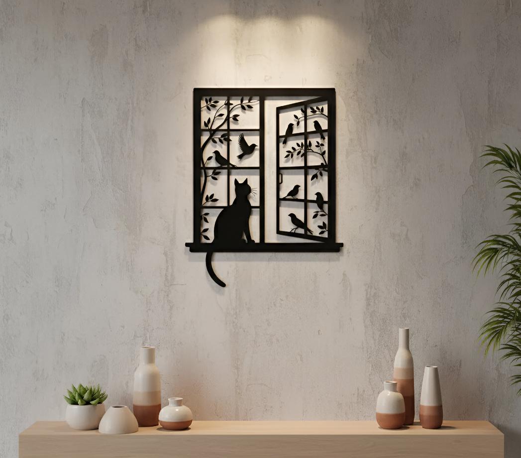 Cat in Window Metal Wall Art Cat Lover Gift for Her, Pet Memorial Garden Decor