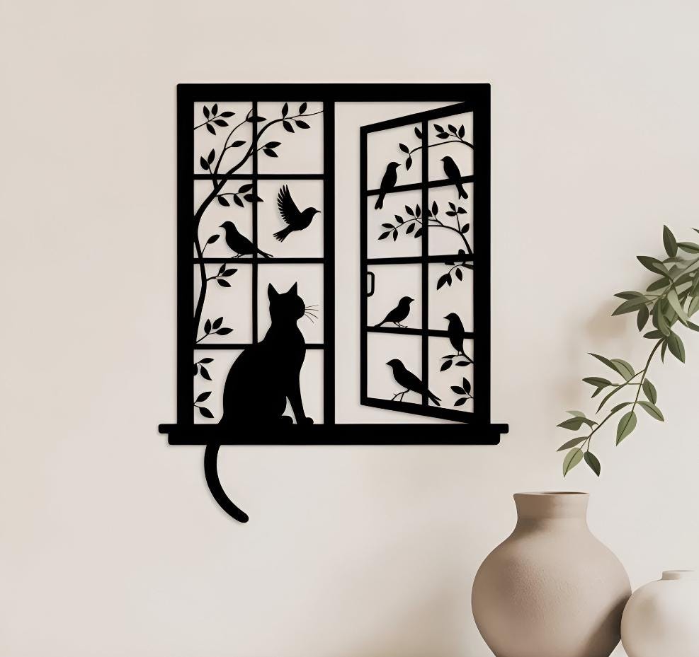 Cat in Window Metal Wall Art Cat Lover Gift for Her, Pet Memorial Garden Decor