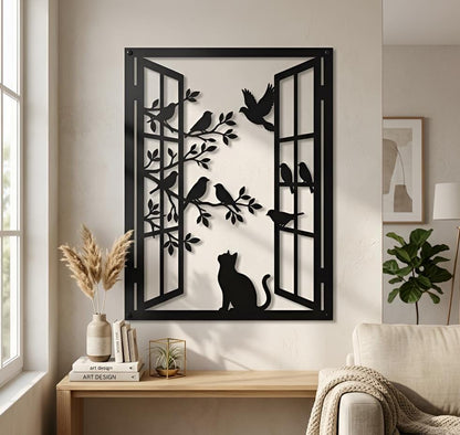 Cat Window Scene Metal Wall Art, Bird & Branch Silhouette Decor, Modern Home Wall Hanging