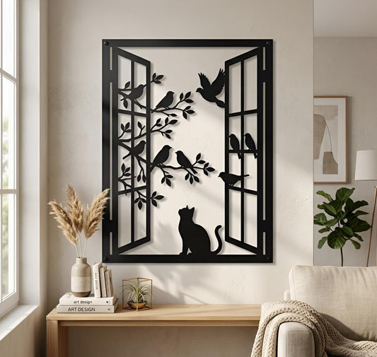 Cat Window Scene Metal Wall Art, Bird & Branch Silhouette Decor, Modern Home Wall Hanging