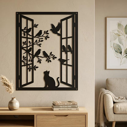 Cat Window Scene Metal Wall Art, Bird & Branch Silhouette Decor, Modern Home Wall Hanging