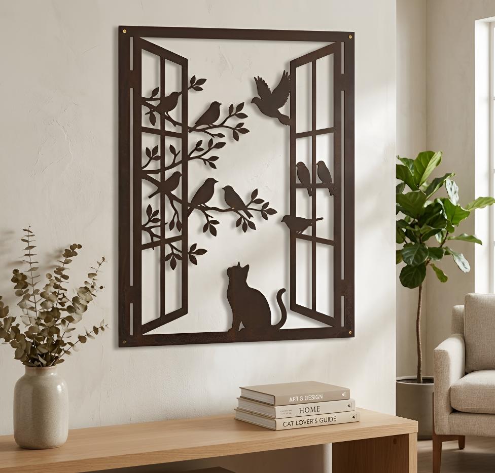 Cat Window Scene Metal Wall Art, Bird & Branch Silhouette Decor, Modern Home Wall Hanging