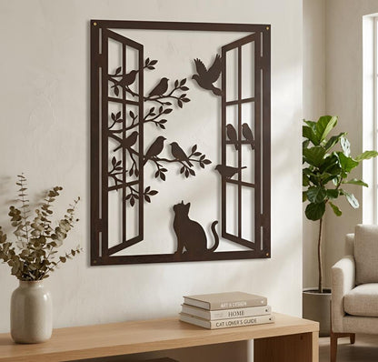 Cat Window Scene Metal Wall Art, Bird & Branch Silhouette Decor, Modern Home Wall Hanging