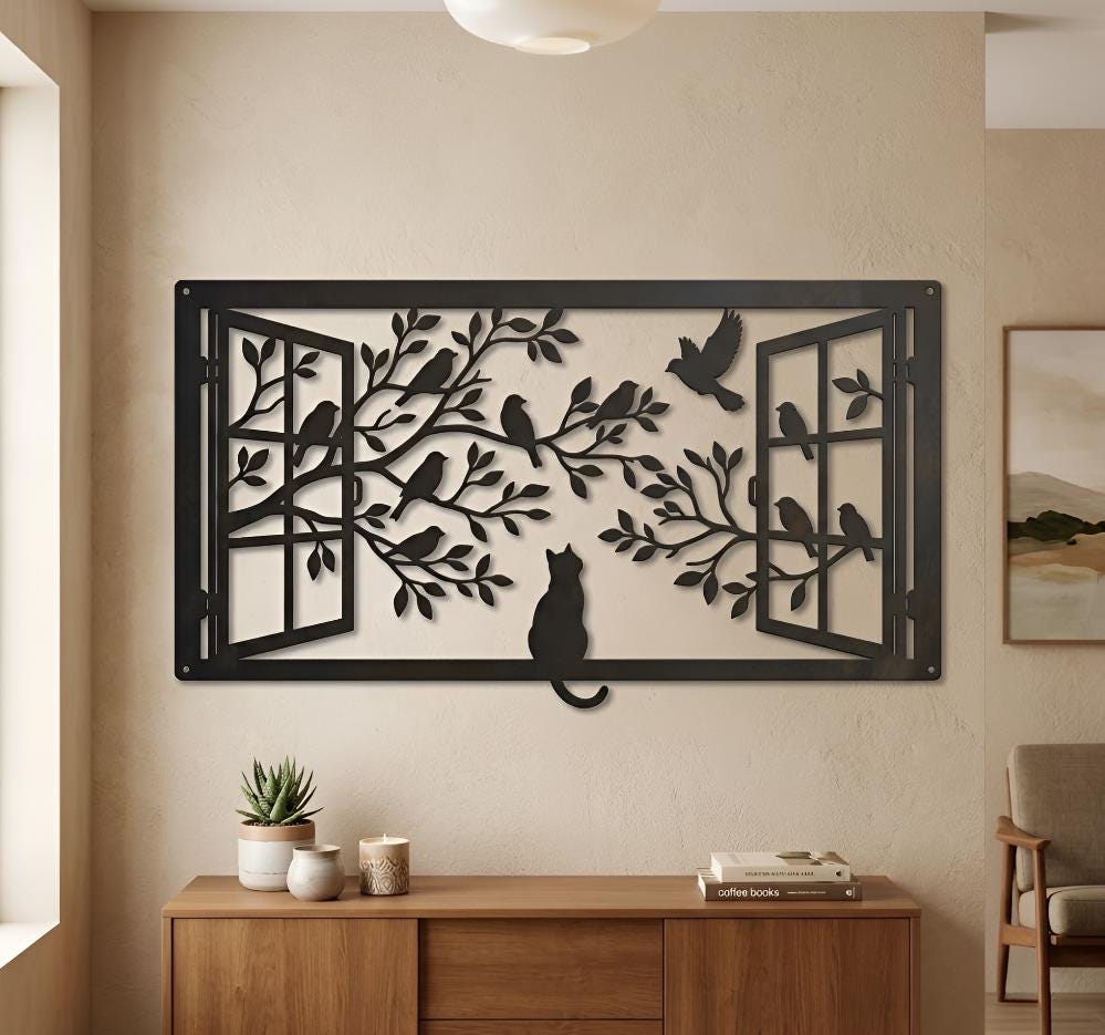 Cat and Birds Window Metal Wall Decor, Living Room Decor, Nature Wall Art Wall Hanging Decor