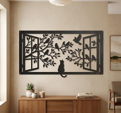 Cat and Birds Window Metal Wall Decor, Living Room Decor, Nature Wall Art Wall Hanging Decor