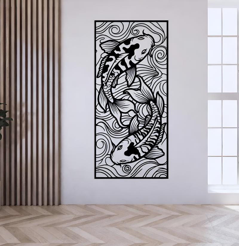Koi Fish Wall Decor Metal Art, Japanese Zen Wall Art, Modern Asian Home Decor