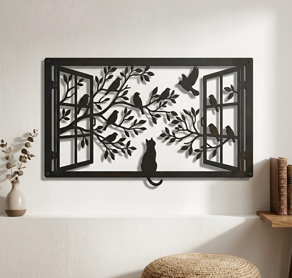 Cat and Birds Window Metal Wall Decor, Living Room Decor, Nature Wall Art Wall Hanging Decor