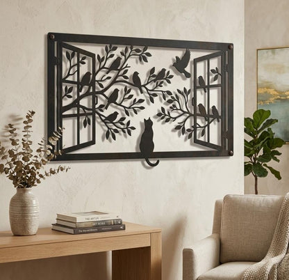Cat and Birds Window Metal Wall Decor, Living Room Decor, Nature Wall Art Wall Hanging Decor