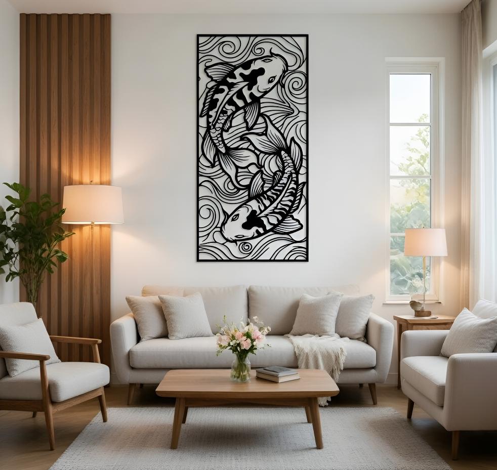 Koi Fish Wall Decor Metal Art, Japanese Zen Wall Art, Modern Asian Home Decor