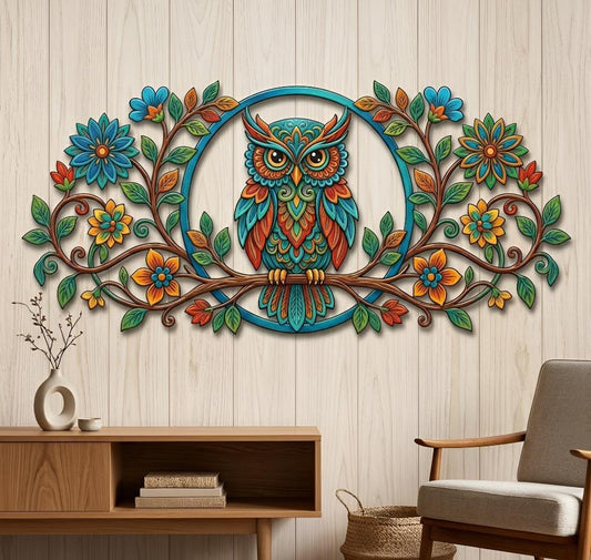 Colorful Owl Metal Wall Art, Floral Owl Decor, Boho Garden Wall Hanging, Nature Outdoor Decor