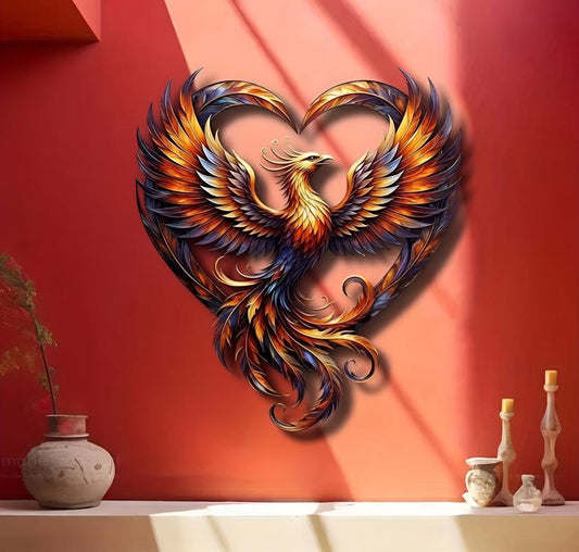 Phoenix Metal Wall Art, Fire Bird Wall Decor, Heart Shape Wings, Colorful Mythical Bird Decor