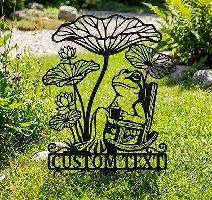 Custom Frog Metal Garden Stake with Name, Funny Outdoor Lawn Decor Gift