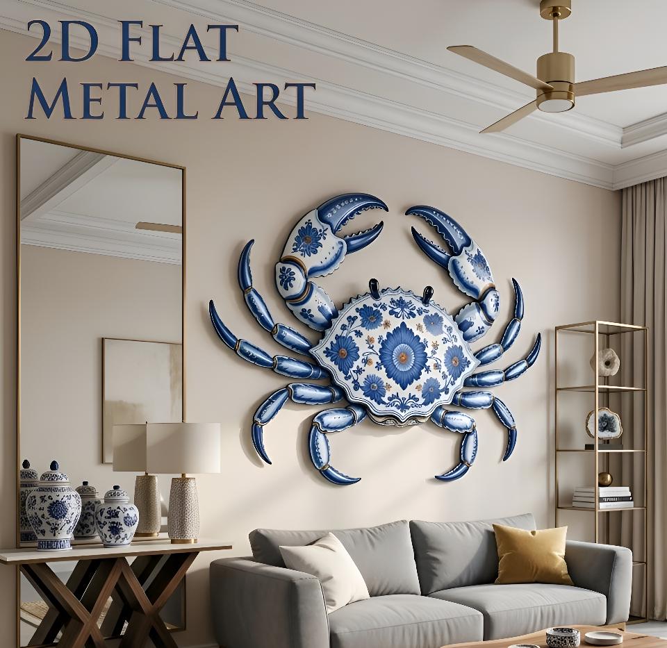 Coastal Crab Wall Art Blue White Metal Sign, Nautical Ocean Decor, Beach House Wall Sculpture