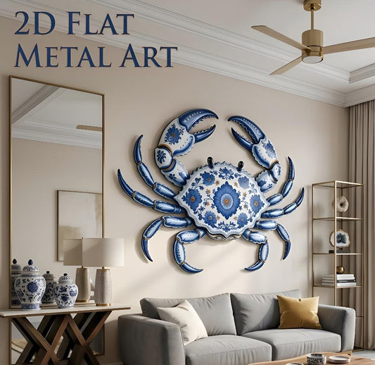 Coastal Crab Wall Art Blue White Metal Sign, Nautical Ocean Decor, Beach House Wall Sculpture