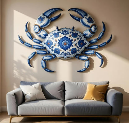 Coastal Crab Wall Art Blue White Metal Sign, Nautical Ocean Decor, Beach House Wall Sculpture