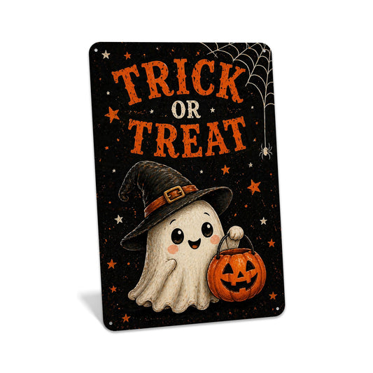Trick Or Treat Sign, Cute Ghost Sign, Halloween Metal Sign, Cute Halloween Decor, Spooky Cute Decor, Ghost Wall Art, Kids Decor, Festive