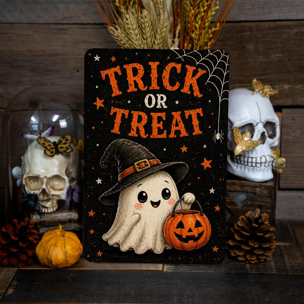 Trick Or Treat Sign, Cute Ghost Sign, Halloween Metal Sign, Cute Halloween Decor, Spooky Cute Decor, Ghost Wall Art, Kids Decor, Festive