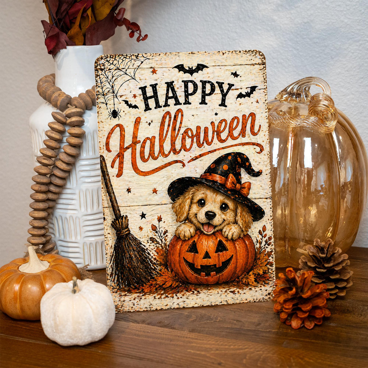 Happy Halloween Sign, Puppy Halloween Sign, Dog Halloween Decor, Cute Puppy Sign, Halloween Metal Sign, Spooky Cute Decor, Pumpkin Decor