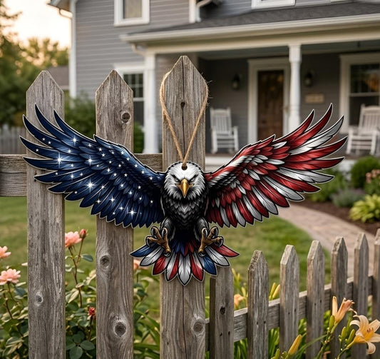 Bald Eagle Patriotic Fence Art, American Flag Metal Decor, Outdoor Freedom Wall Hanging, Rustic Yard