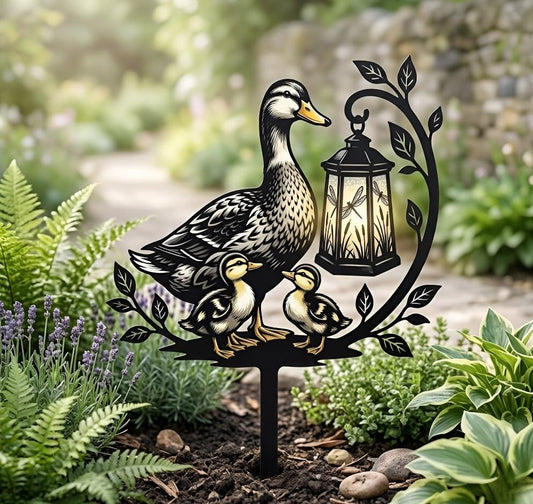 Duck Family Garden Stake Metal Art, Mother Duck Ducklings Outdoor Decor, Rustic Yard Ornament