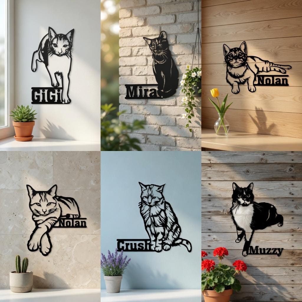 Personalized Pet Portrait Metal Sign, Personalized Cat Name Decor, Unique Cat Wall Hanging