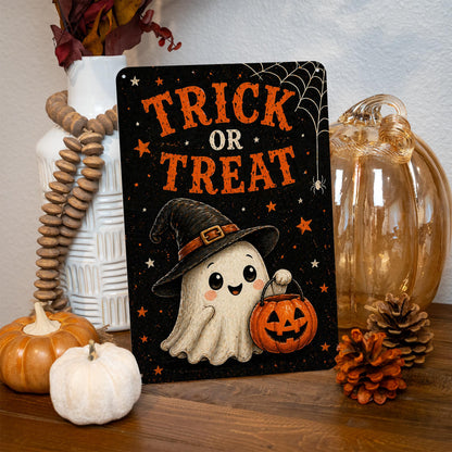 Trick Or Treat Sign, Cute Ghost Sign, Halloween Metal Sign, Cute Halloween Decor, Spooky Cute Decor, Ghost Wall Art, Kids Decor, Festive