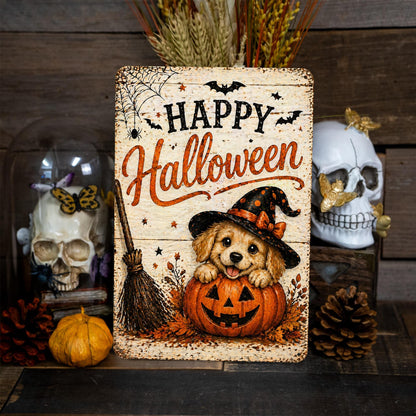 Happy Halloween Sign, Puppy Halloween Sign, Dog Halloween Decor, Cute Puppy Sign, Halloween Metal Sign, Spooky Cute Decor, Pumpkin Decor