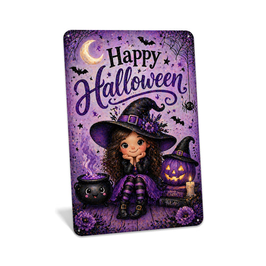 Happy Halloween Sign, Cute Witch Sign, Girl Witch Decor, Halloween Metal Sign, Cute Halloween Decor, Witch Wall Art, Halloween Porch Sign