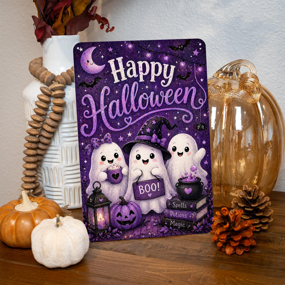 Happy Halloween Sign, Cute Ghost Sign, Halloween Metal Sign, Spooky Cute Decor, Ghost Wall Art, Trick Or Treat, Boo Sign Decor, Kids Art