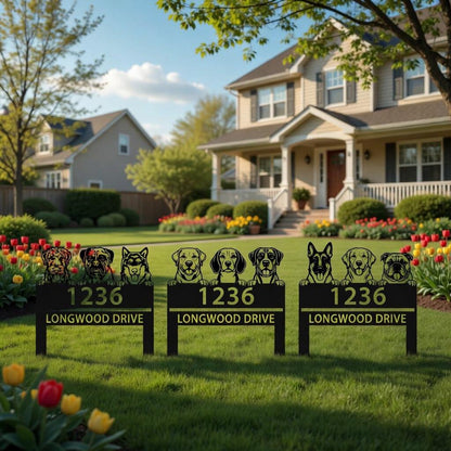 Personalized Dog Family Address Sign, Outdoor House Number Decor, Custom Metal Sign
