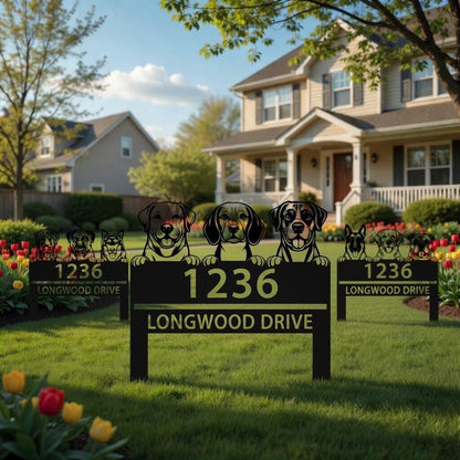 Personalized Dog Family Address Sign, Outdoor House Number Decor, Custom Metal Sign