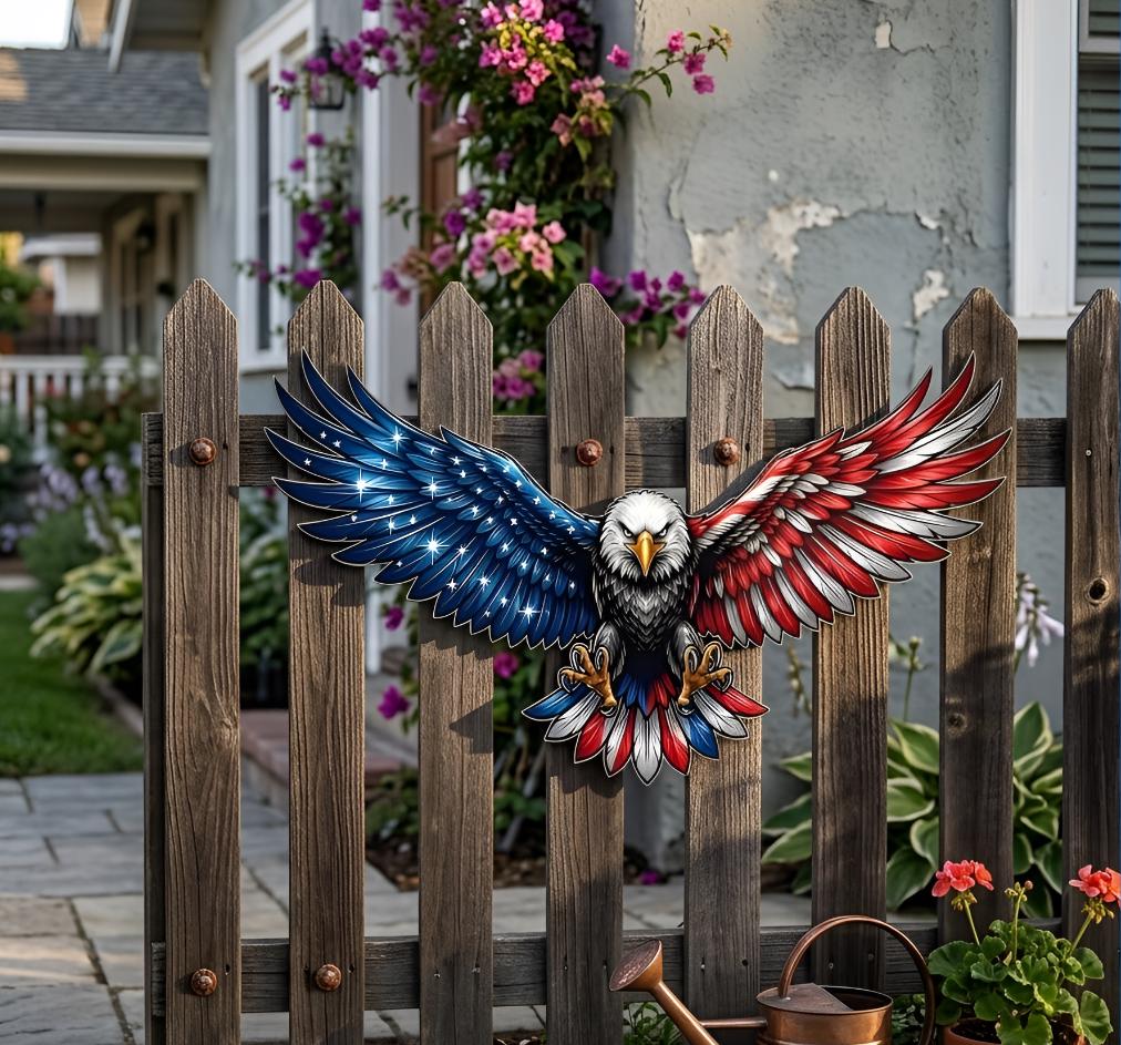 Bald Eagle Patriotic Fence Art, American Flag Metal Decor, Outdoor Freedom Wall Hanging, Rustic Yard