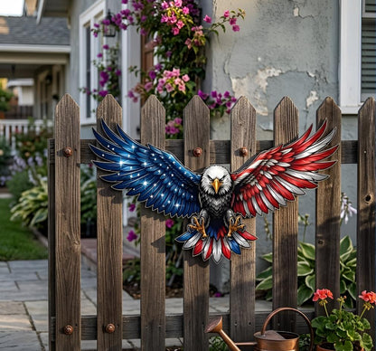 Bald Eagle Patriotic Fence Art, American Flag Metal Decor, Outdoor Freedom Wall Hanging, Rustic Yard