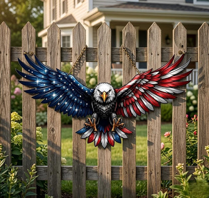 Bald Eagle Patriotic Fence Art, American Flag Metal Decor, Outdoor Freedom Wall Hanging, Rustic Yard