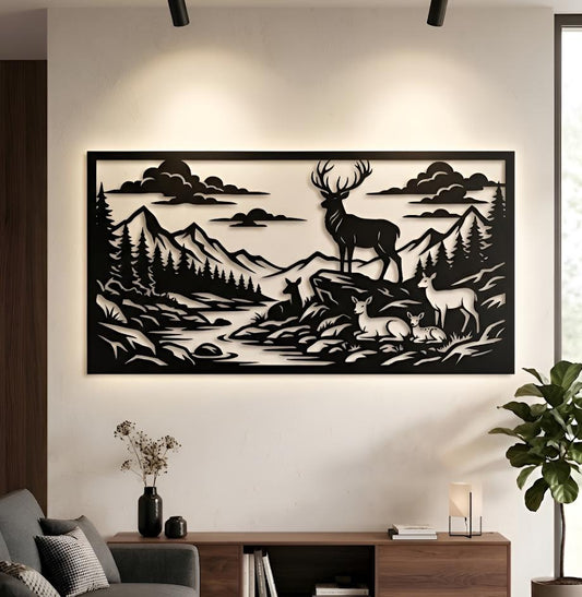 Rustic Wildlife Metal Wall Decor, Deer and Mountain Scene Art, Large Cabin Wall Hanging