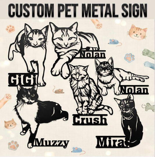 Personalized Pet Portrait Metal Sign, Personalized Cat Name Decor, Unique Cat Wall Hanging