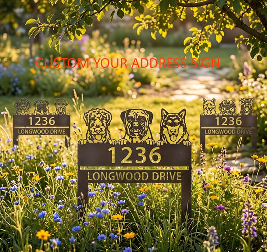 Personalized Dog Family Address Sign, Outdoor House Number Decor, Custom Metal Sign