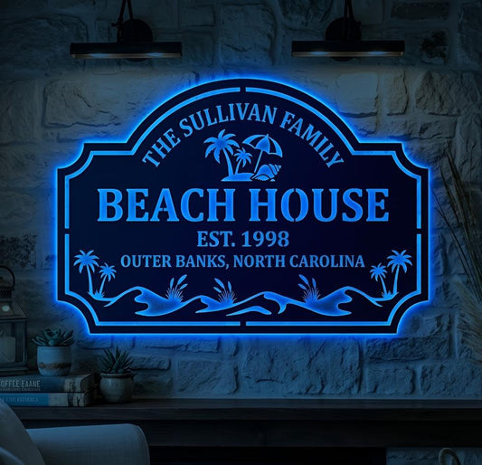 Personalized LED Beach House Sign, Custom Metal Family Name Wall Decor, Beach House Decor