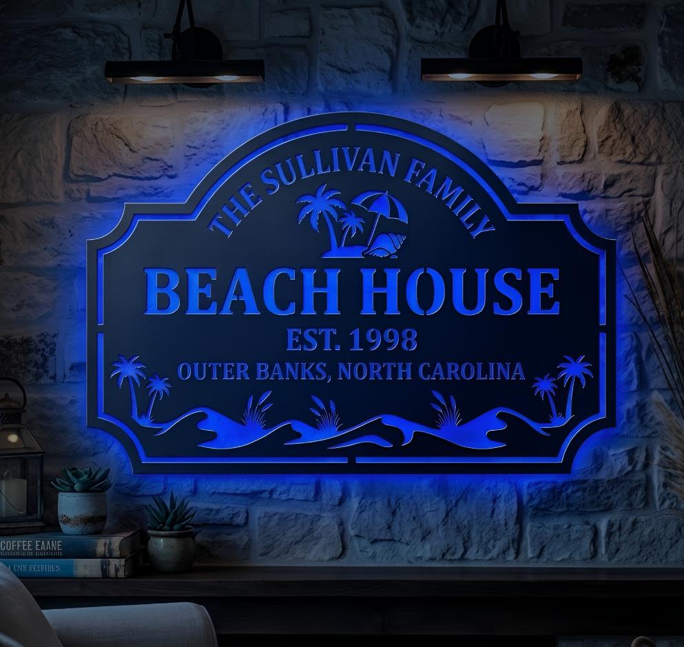 Personalized LED Beach House Sign, Custom Metal Family Name Wall Decor, Beach House Decor