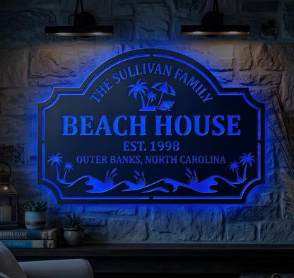 Personalized LED Beach House Sign, Custom Metal Family Name Wall Decor, Beach House Decor