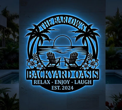 Personalized Backyard Oasis LED Sign, Custom Tropical Pool Decor, Palm Tree Neon Wall Art for Patio