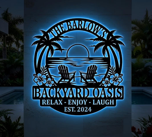Personalized Backyard Oasis LED Sign, Custom Tropical Pool Decor, Palm Tree Neon Wall Art for Patio