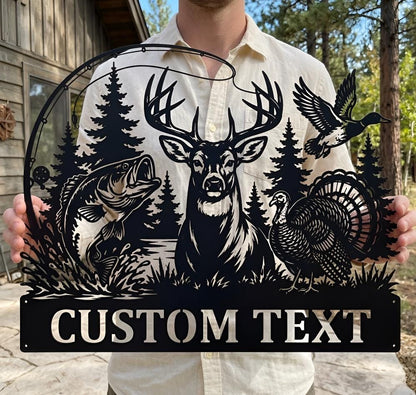 Custom Cabin Metal Sign, Hunting Fishing Wall Decor, Deer Bass Turkey Duck Personalized Gift