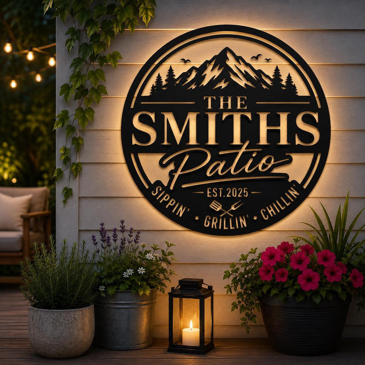 Personalized LED Metal Patio Sign, Backyard Patio Decor, Backyard Grill and Chill Decor, Gift for dad