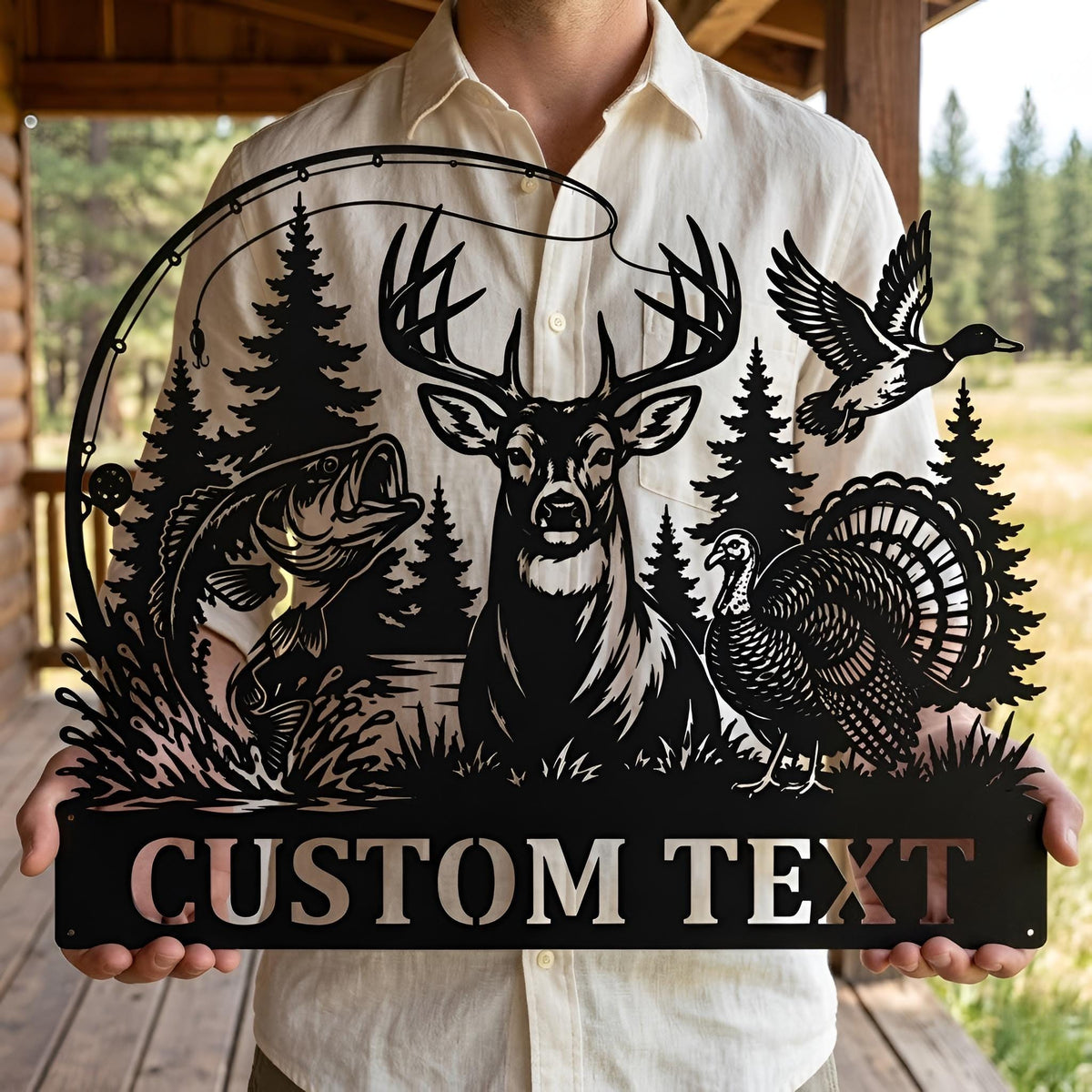 Custom Cabin Metal Sign, Hunting Fishing Wall Decor, Deer Bass Turkey Duck Personalized Gift