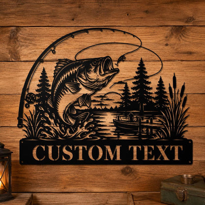 Custom Fishing Metal Wall Art, Bass Fish Jumping Sign, Personalized Angler Cabin Decor