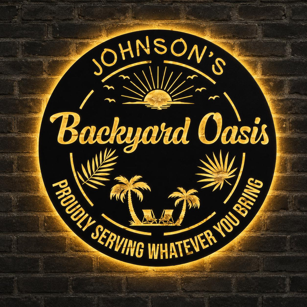 Personalized LED Backyard Oasis Sign, Custom Tropical Patio Wall Decor, Round Metal Pool Bar