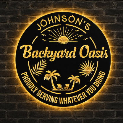 Personalized LED Backyard Oasis Sign, Custom Tropical Patio Wall Decor, Round Metal Pool Bar