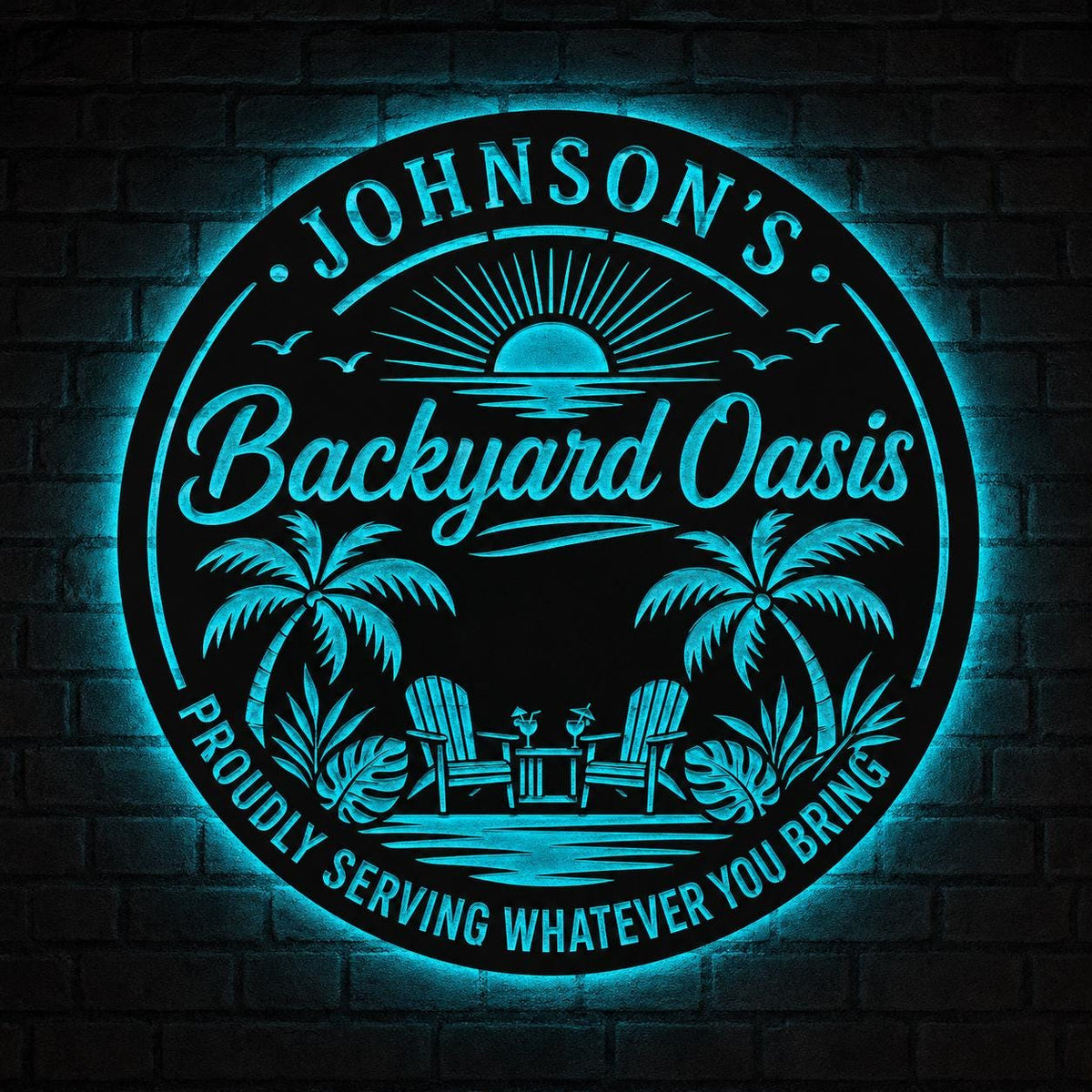 Personalized LED Backyard Oasis Sign, Custom Tropical Patio Wall Decor, Round Metal Pool Bar